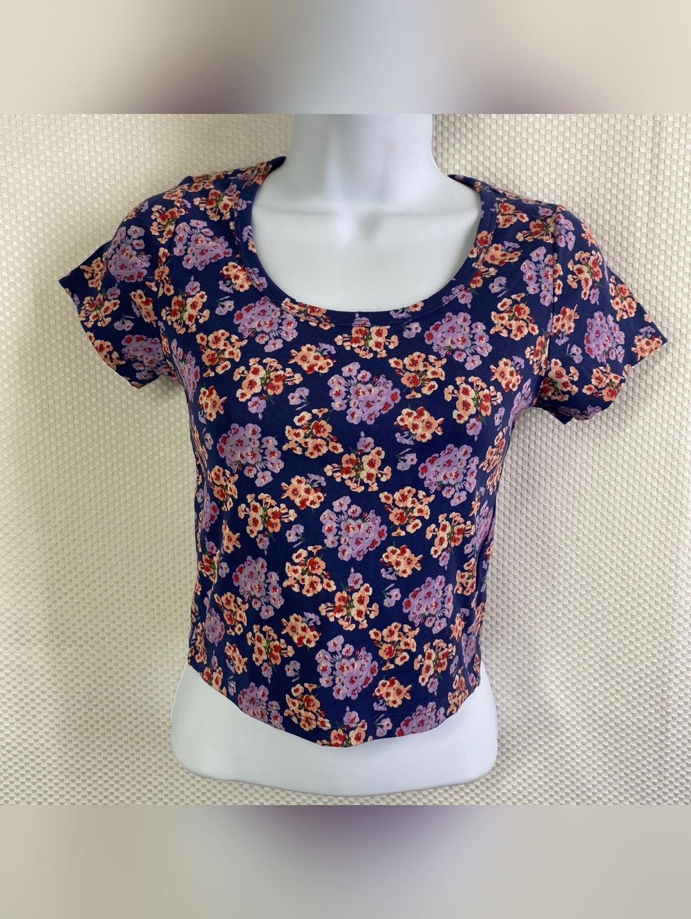Paul & Joe Navy Crop Top with Purple and Peach Floral Print Size S